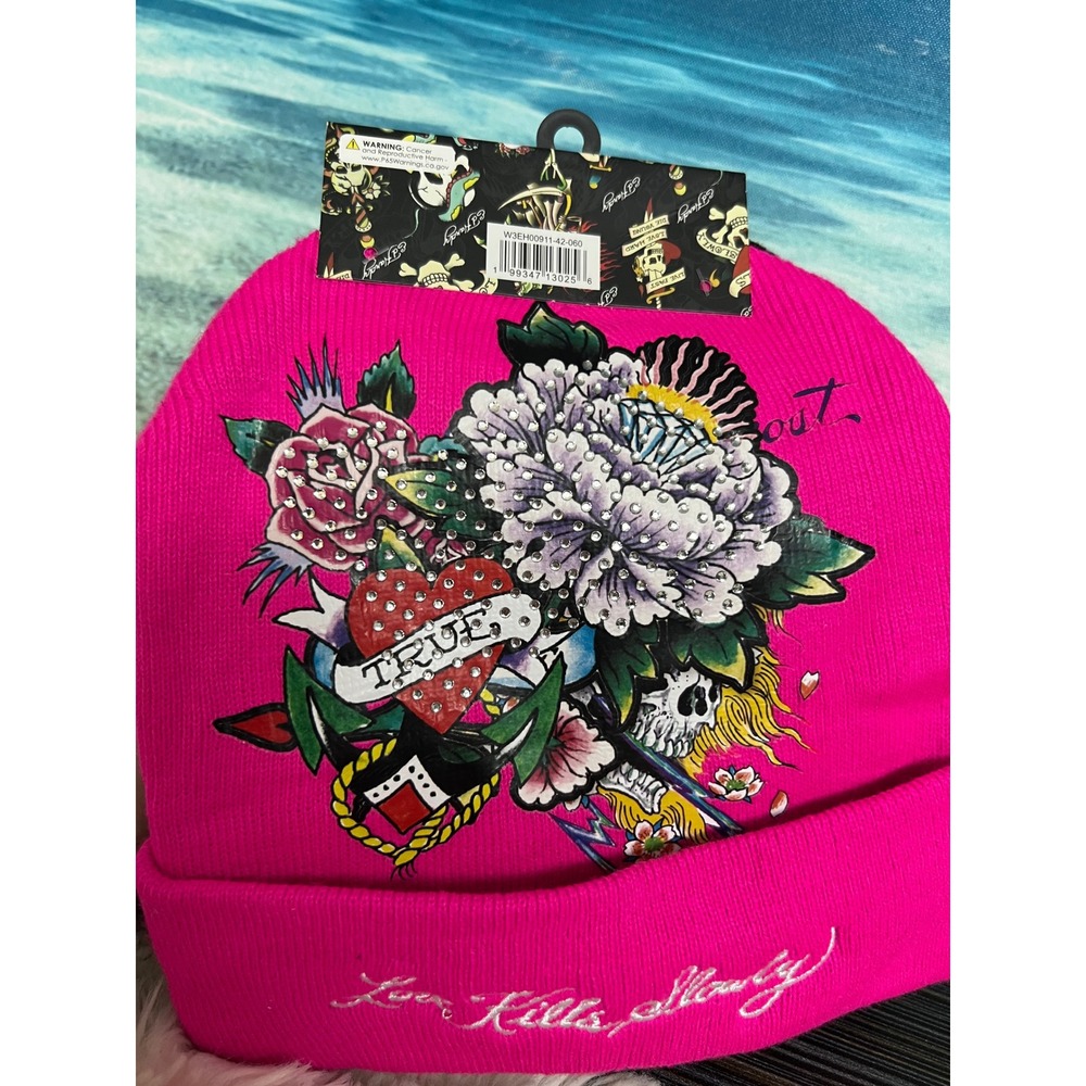 🎁Ed Hardy 2 Pack Beanies Black Pink Love Kills Slowly Rhinestone Hats - Picture 6 of 8